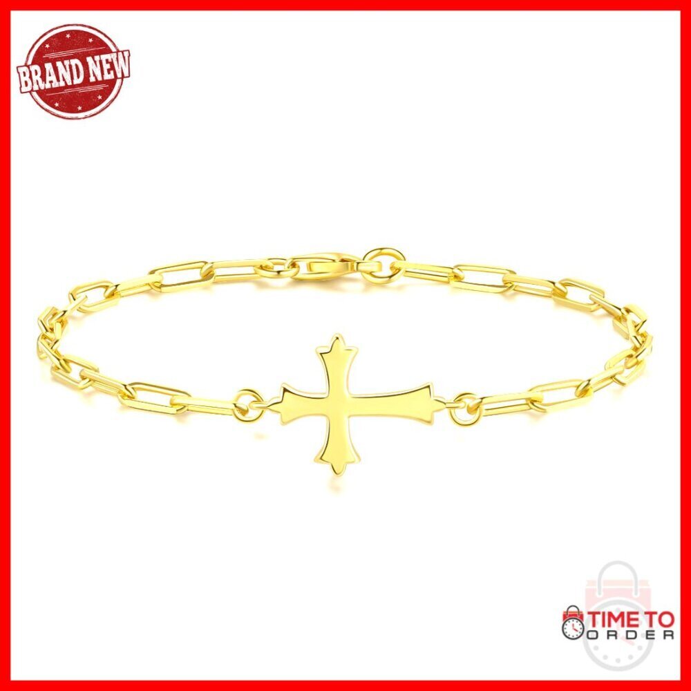 14K Gold Paperclip Bracelet Elegant Minimal Cross Charm Adjustable Sizes